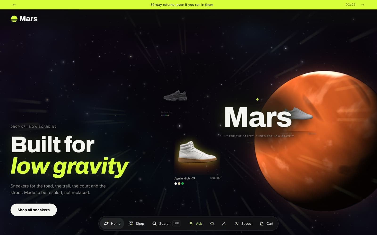 Home page of the Mars theme