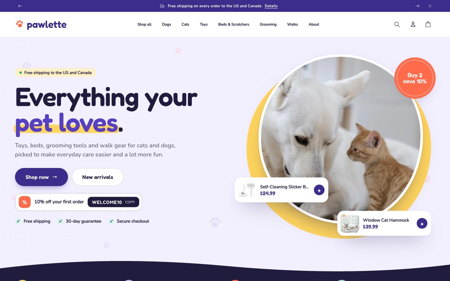 Pawlette home page: Everything your pet loves, with a dog and a kitten