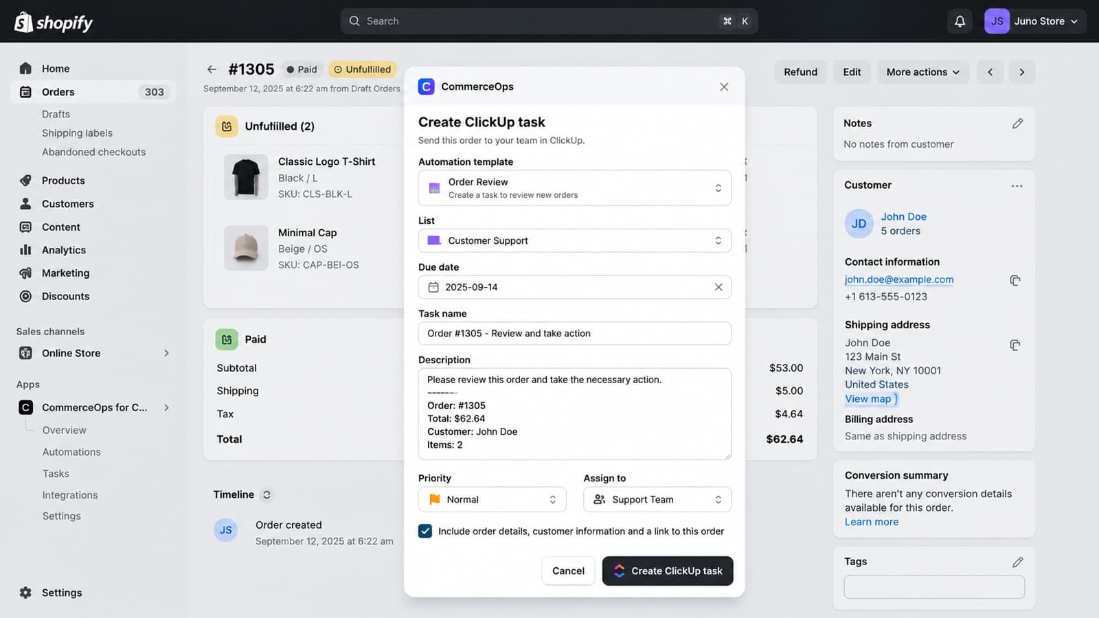 CommerceOps: Create a task from an order