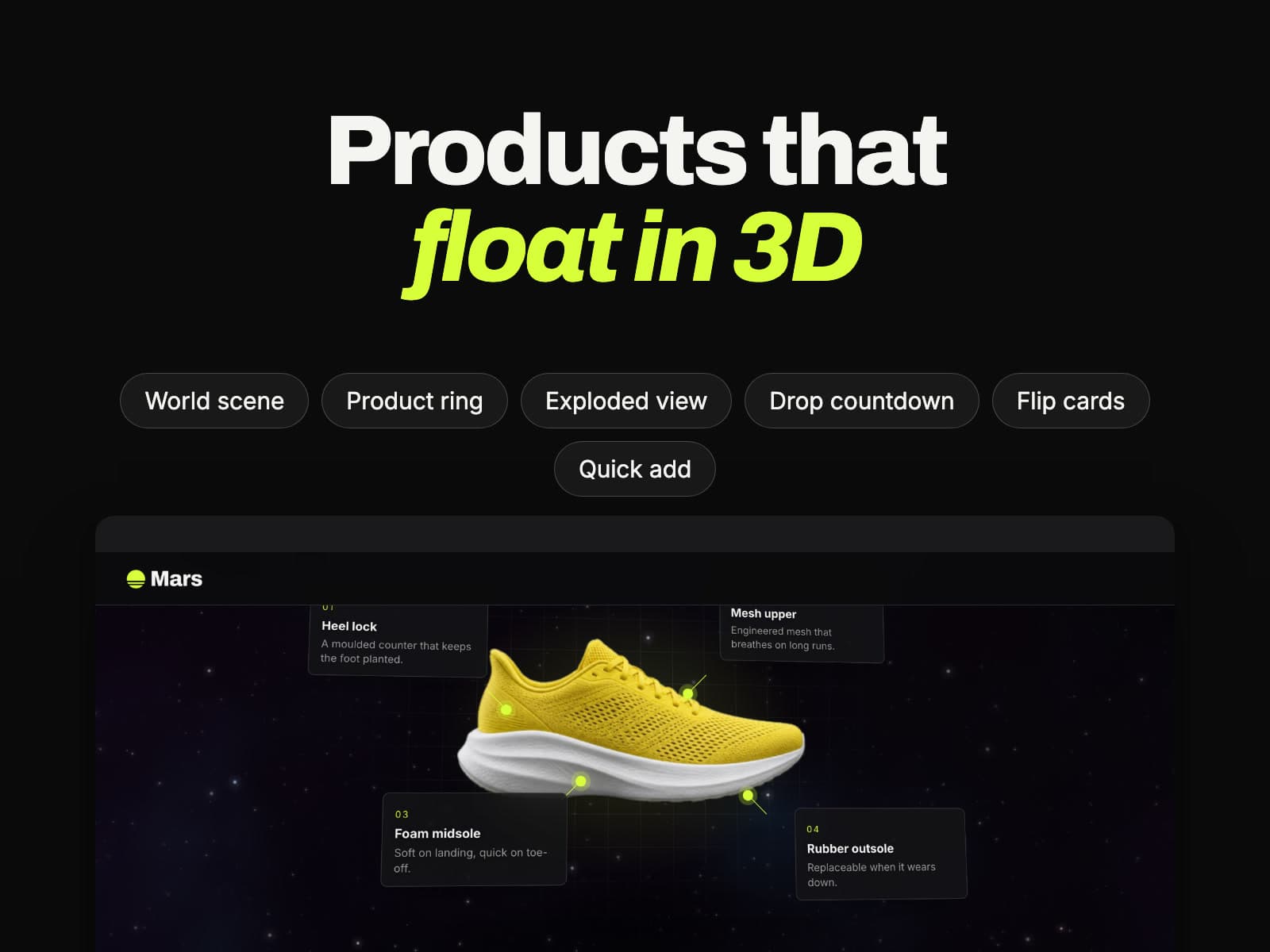 The Mars preset: dark, lime accent, products floating in 3D