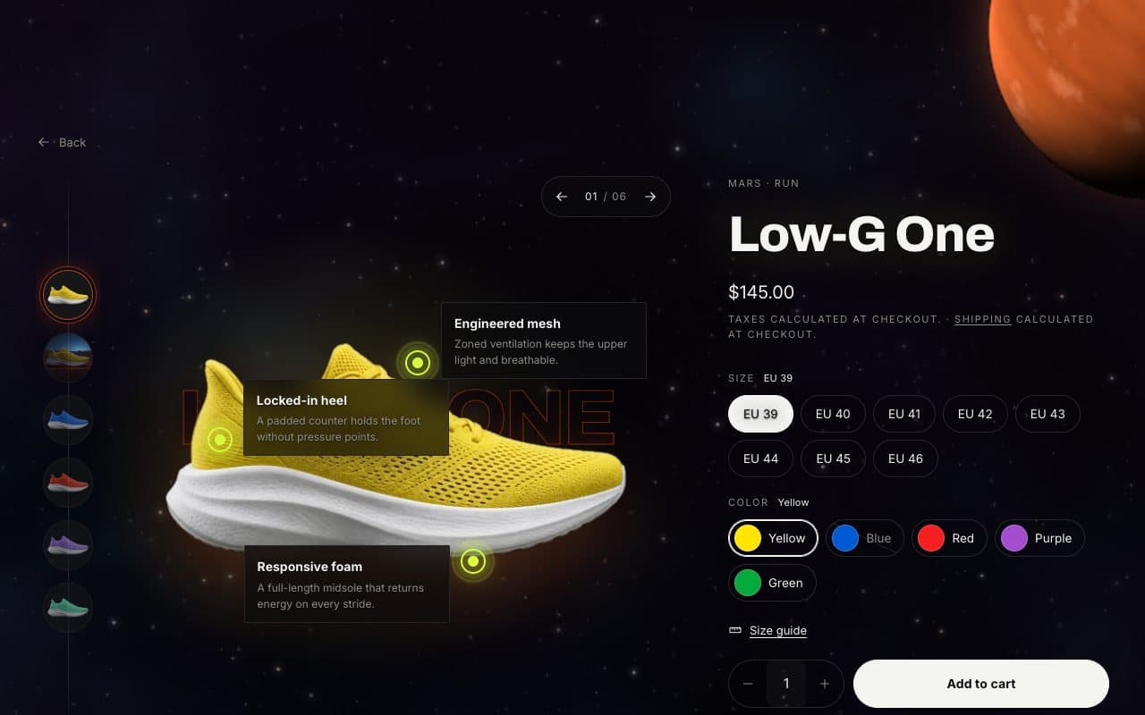 Product page with feature hotspots