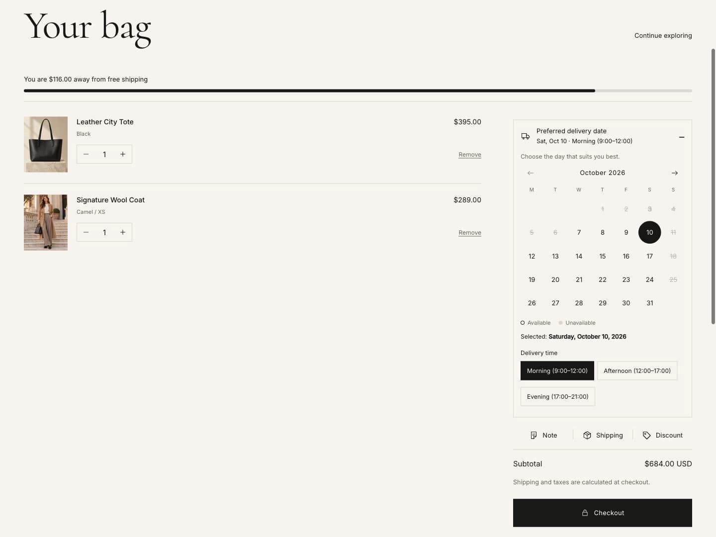 Delivery date calendar in the cart