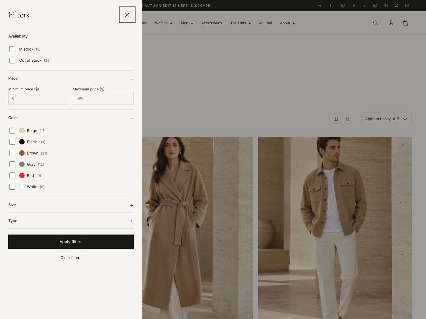 Filter drawer on a collection page