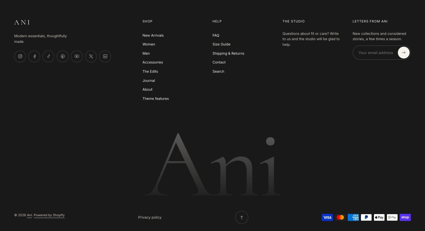Footer with menus, newsletter sign-up and payment icons