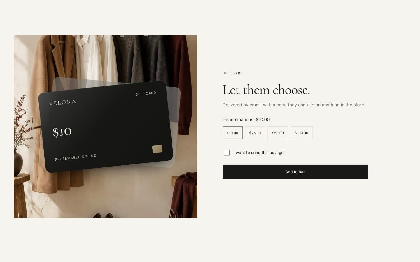 Gift card section with amount options