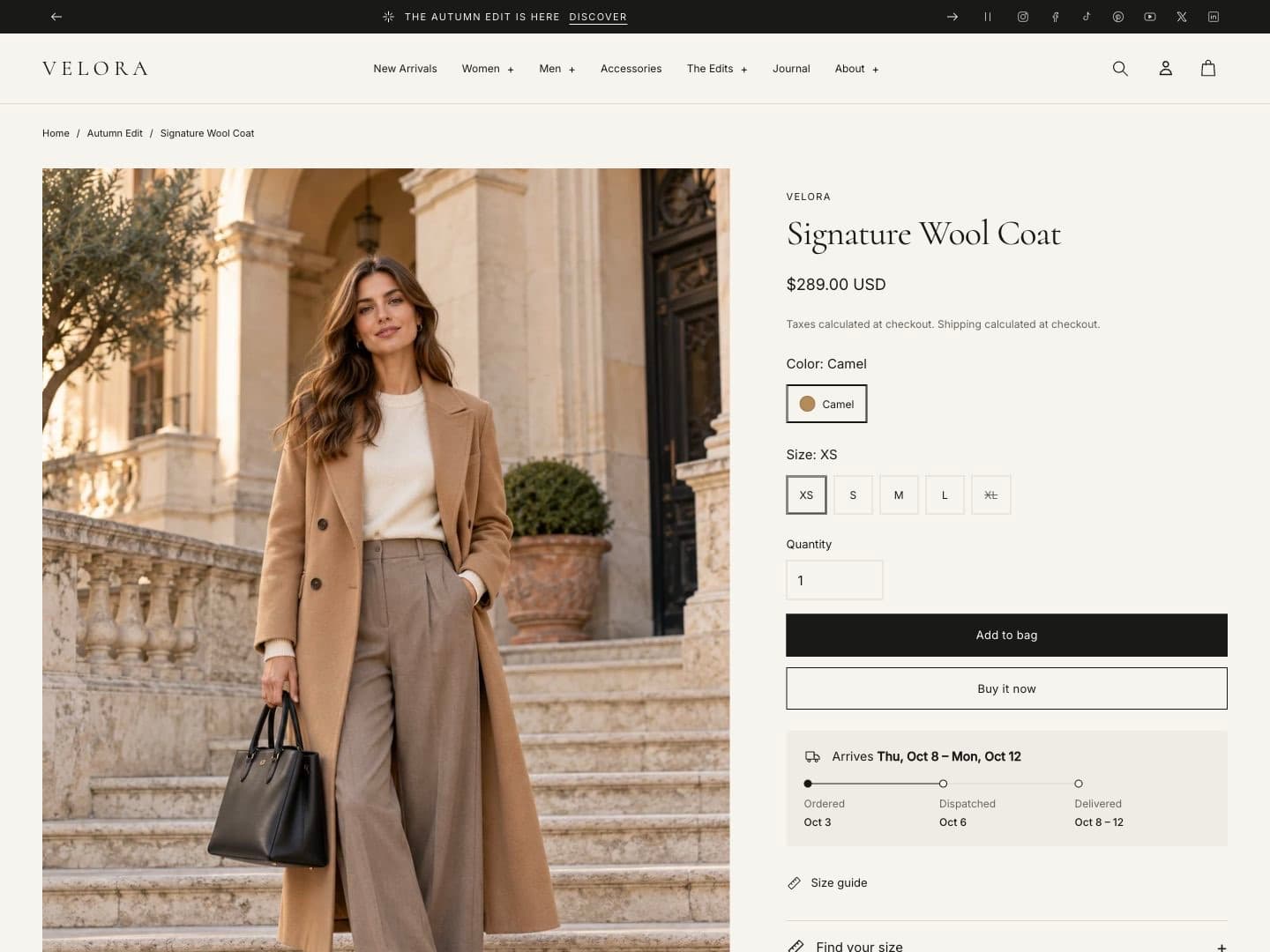 Product page with gallery, variant options and add to cart