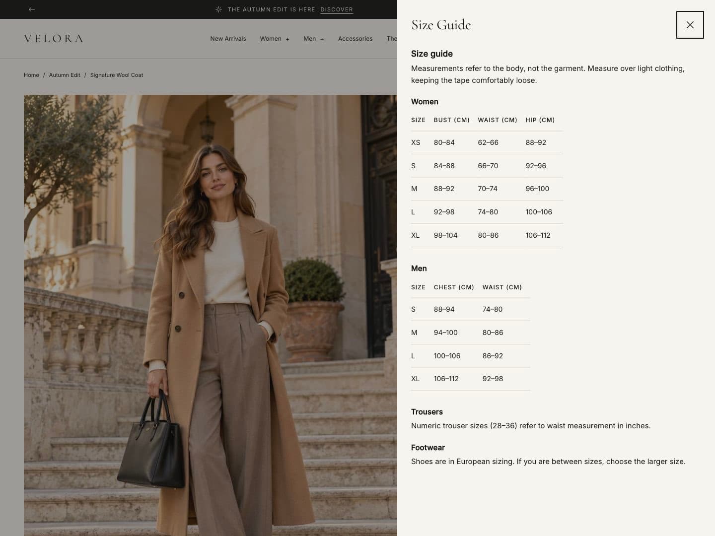 Size guide dialog on the product page